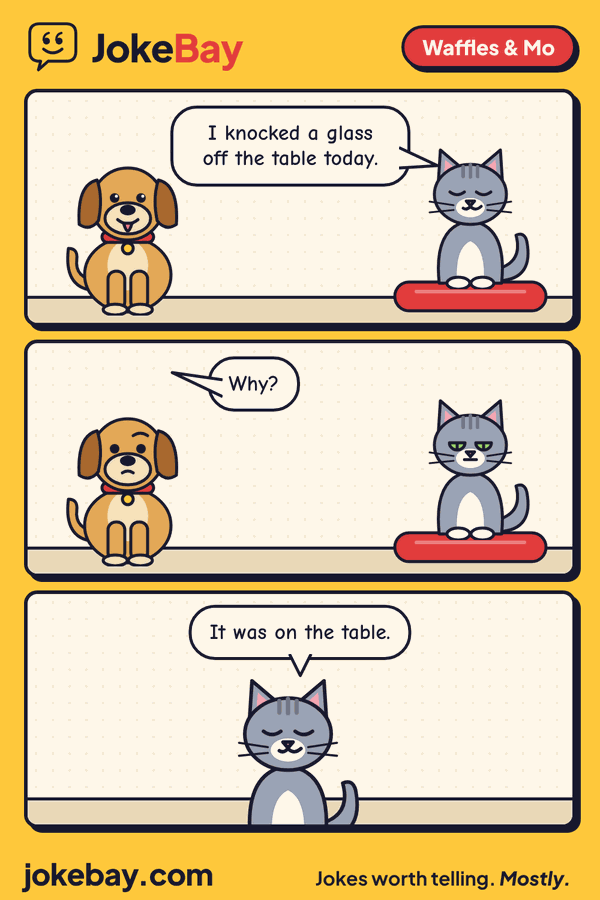 Comic strip: Mo: I knocked a glass off the table today. Waffles: Why? Mo: It was on the table.