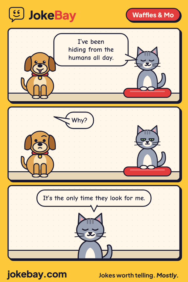 Comic strip: Mo: I’ve been hiding from the humans all day. Waffles: Why? Mo: It’s the only time they look for me.