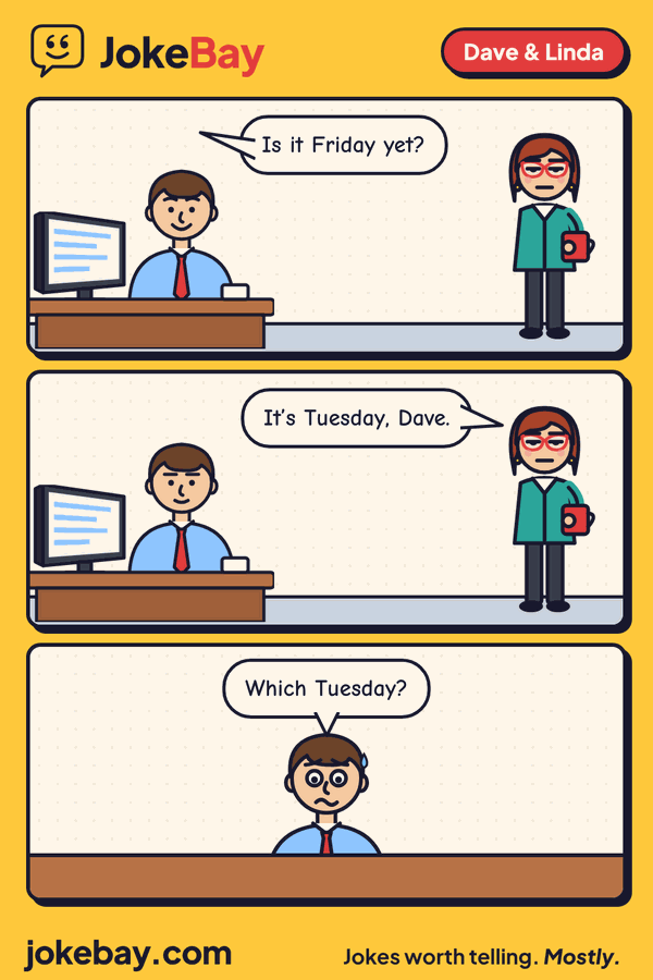 Comic strip: Dave: Is it Friday yet? Linda: It’s Tuesday, Dave. Dave: Which Tuesday?