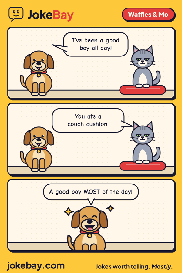 Comic strip: Waffles: I’ve been a good boy all day! Mo: You ate a couch cushion. Waffles: A good boy MOST of the day!