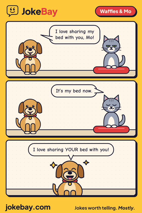 Comic strip: Waffles: I love sharing my bed with you, Mo! Mo: It’s my bed now. Waffles: I love sharing YOUR bed with you!