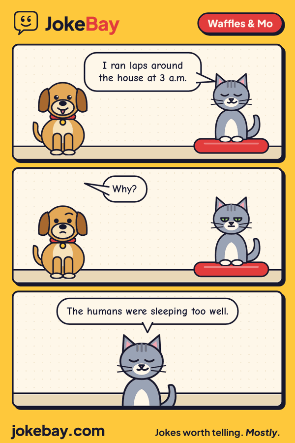 Comic strip: Mo: I ran laps around the house at 3 a.m. Waffles: Why? Mo: The humans were sleeping too well.