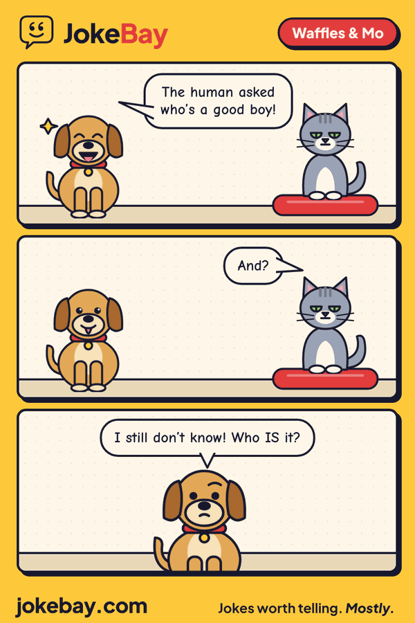 Comic strip: Waffles: The human asked who’s a good boy! Mo: And? Waffles: I still don’t know! Who IS it?
